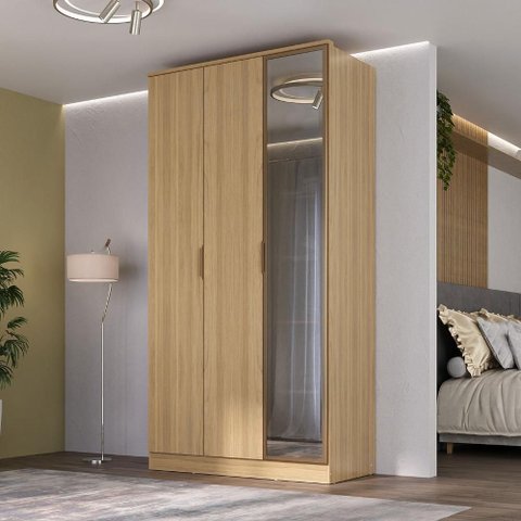 Guarda Roupa Solteiro 1,20m 3 Portas C/ Reflecta e Led Cor:olmo