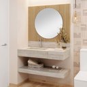 Ver imagem 1 de Conjunto para Banheiro Bancada em Porcelanato com Cuba Esculpida, Prateleira e Espelho Ripy 100cm Amarelo/Wood/Travertino