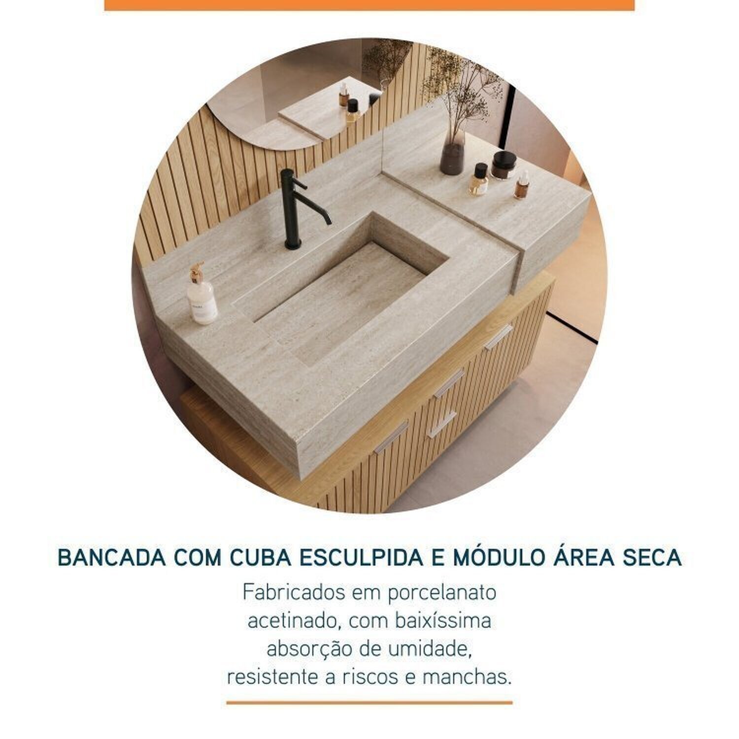 Conjunto para Banheiro Bancada em Porcelanato com Cuba Esculpida, Prateleira e Espelho Ripy 100cm - 5