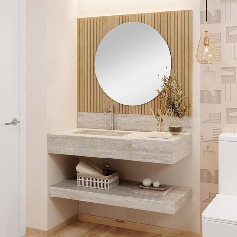 Conjunto para Banheiro Bancada em Porcelanato com Cuba Esculpida, Prateleira e Espelho Ripy 100cm Ye