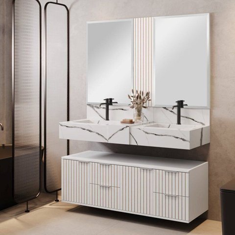 Conjunto para Banheiro Bancada em Porcelanato com Cuba Esculpida, Armário e Espelho Ripy 120cm Yesc