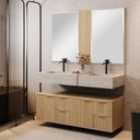 Ver imagem 1 de Conjunto para Banheiro Bancada em Porcelanato com Cuba Esculpida, Armário e Espelho Ripy 120cm Amarelo/Wood/Travertino