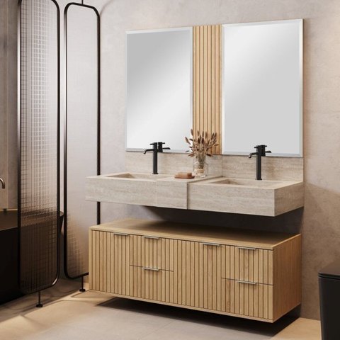 Conjunto para Banheiro Bancada em Porcelanato com Cuba Esculpida, Armário e Espelho Ripy 120cm