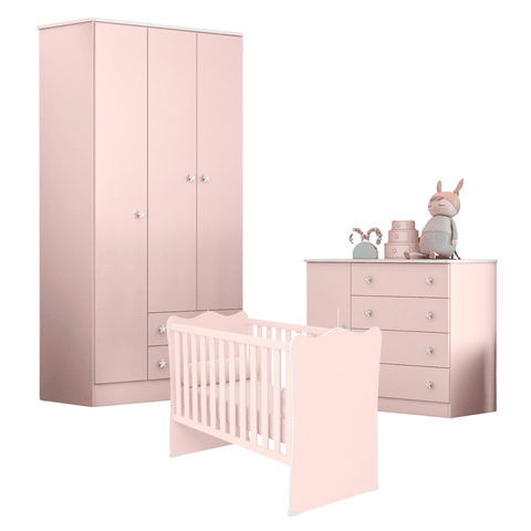 Conjunto Infantil Aurora Rosa Acetinado: Berço Aurora + Kit Rodízios + Cômoda Aurora + Guarda-
