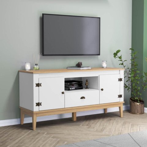 Rack Tv até 60 Polegadas 135cm C/ 2 Portas 1 Gaveta e Nicho Cor:mel Branco