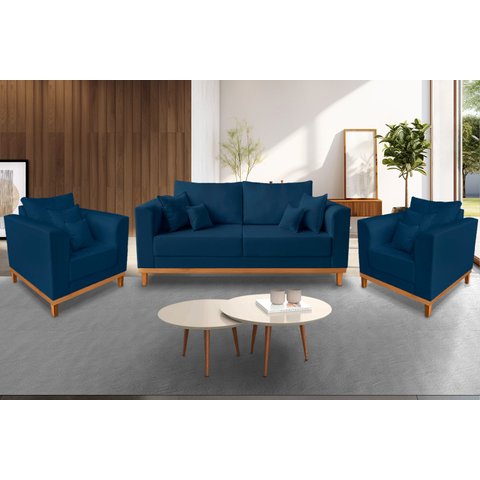Kit Sofá 3 Lugares e 2 Poltronas Beny Viena para Recepção Linho Azul - Madeira Prima Deccor