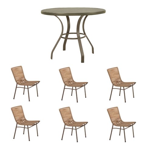 Conjunto Mesa Prime em Alumínio Ripado 1,00m com 6 Cadeiras Corda Náutica Bege