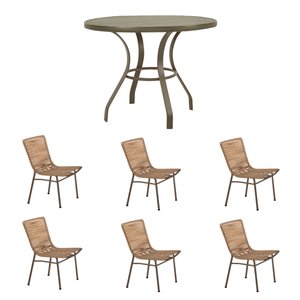 Conjunto Mesa Prime em Alumínio Ripado 1,00m com 6 Cadeiras Corda Náutica Bege