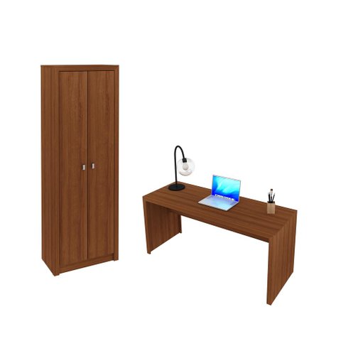 Escritório com Mesa para Computador Simples Gavetas e Armário 2 Portas Amendoa - Fdecor