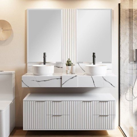 Conjunto para Banheiro Bancada em Porcelanato para Cuba de Apoio, Armário e Espelho Ripy 120cm Yesca