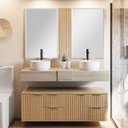 Ver imagem 1 de Conjunto para Banheiro Bancada em Porcelanato para Cuba de Apoio, Armário e Espelho Ripy 120cm Amarelo/Wood/Travertino