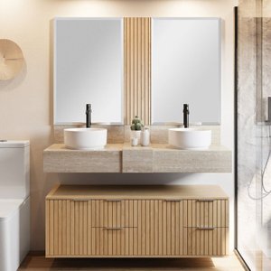 Conjunto para Banheiro Bancada em Porcelanato para Cuba de Apoio, Armário e Espelho Ripy 120cm