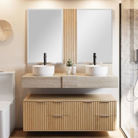 Conjunto para Banheiro Bancada em Porcelanato para Cuba de Apoio, Armário e Espelho Ripy 120cm Yesca