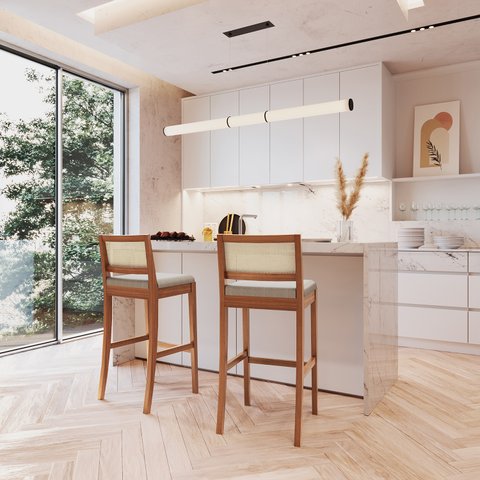 Kit 2 Banquetas Altas Com Encosto Rattan e Apoio Para os Pés Madeira CabeCasa MadeiraOriginals