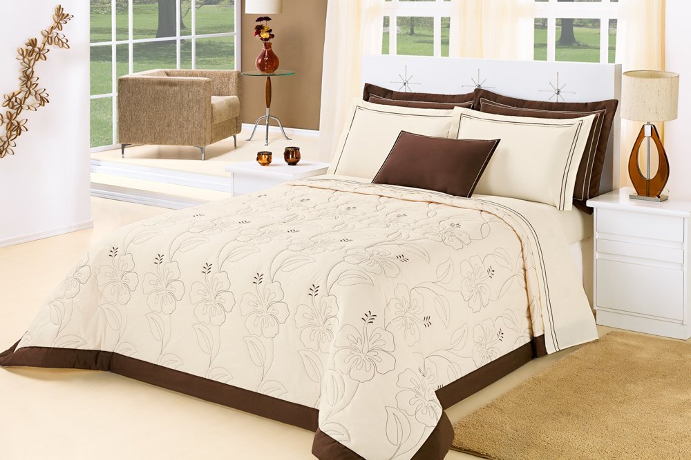 Conjunto Cama Queen Size Miami Colcha Belle 100% Algodao Bordada Super Elegante:MARROM