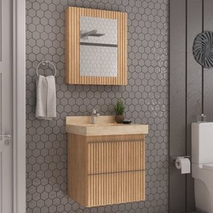 Conjunto para Banheiro Lavatório em Porcelanato com Cuba Esculpida, Gabinete e Espelheira Ripy 60cm