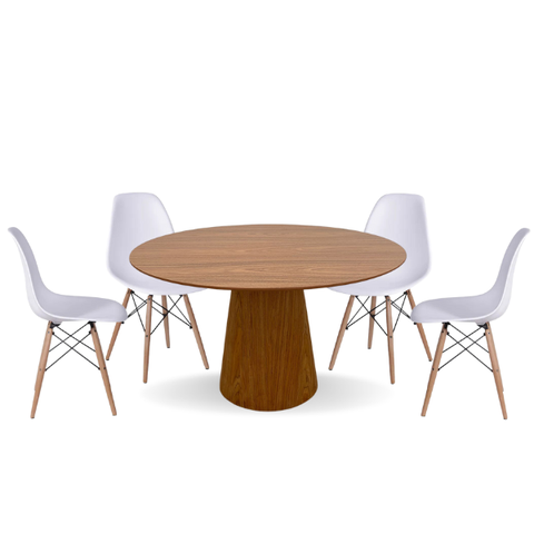 Conjunto Mesa de Jantar Cone Oval 137x90 cm Freijó + 4 Cadeiras Eames Dkr Wood Branca Personal Decor