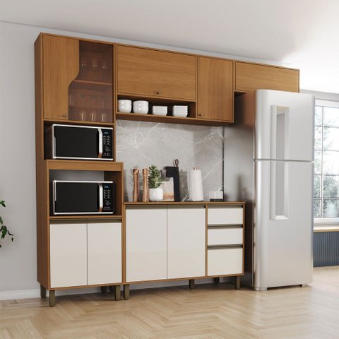 Cozinha Completa Venaly 10 Portas 2 Gavetas com Vidro CEC178 Cinamomo/Off White - Henn