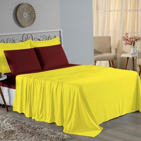 Jogo de Cama Casal Viúva Nobre 4 Peças Malha 100% Algodão - Amarelo / Vinho