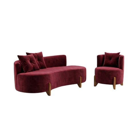 Conjunto 01 Poltrona + Sofá Curvo Orgânico Veludo Bordô - Montanaris Decor