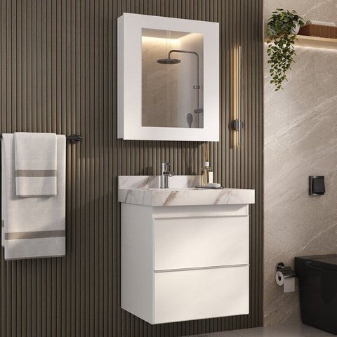 Conjunto para Banheiro Lavatório em Porcelanato com Cuba Esculpida, Gabinete Liso e Espelheira 60cm 