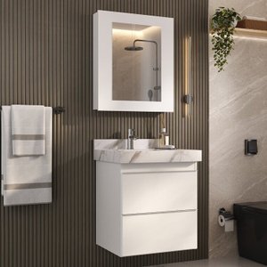Conjunto para Banheiro Lavatório em Porcelanato com Cuba Esculpida, Gabinete Liso e Espelheira 60cm