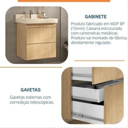 Conjunto para Banheiro Lavatório em Porcelanato com Cuba Esculpida, Gabinete Liso e Espelheira 60cm - 6