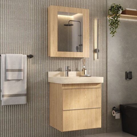 Conjunto para Banheiro Lavatório em Porcelanato com Cuba Esculpida, Gabinete Liso e Espelheira 60cm