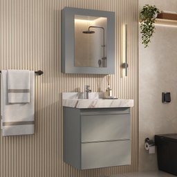 Conjunto para Banheiro Lavatório em Porcelanato com Cuba Esculpida, Gabinete Liso e Espelheira 60cm - 1