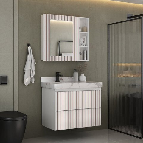 Conjunto para Banheiro Lavatório em Porcelanato com Cuba Esculpida, Gabinete e Espelheira Ripy 80cm