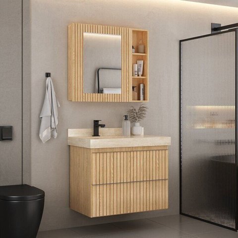 Conjunto para Banheiro Lavatório em Porcelanato com Cuba Esculpida, Gabinete e Espelheira Ripy 80cm 