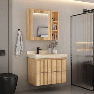 Conjunto para Banheiro Lavatório em Porcelanato com Cuba Esculpida, Gabinete e Espelheira Ripy 80cm