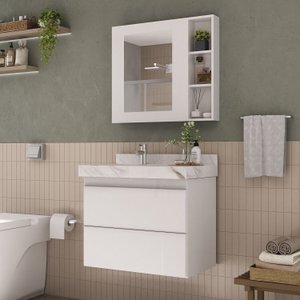 Conjunto para Banheiro Lavatório em Porcelanato com Cuba Esculpida, Gabinete e Espelheira Lisa 80cm