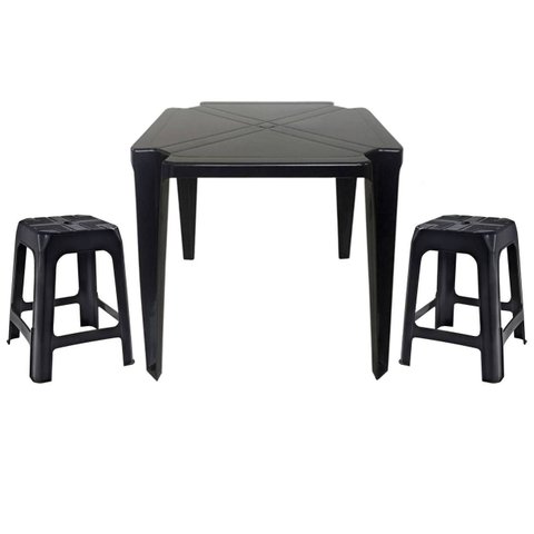 Mesa Quadrada Plástico Monobloco 70cm Preta + 2 Banquetas Empilháveis