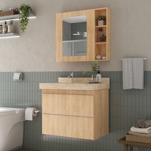 Conjunto para Banheiro Lavatório em Porcelanato com Cuba Esculpida, Gabinete e Espelheira Lisa 80cm 