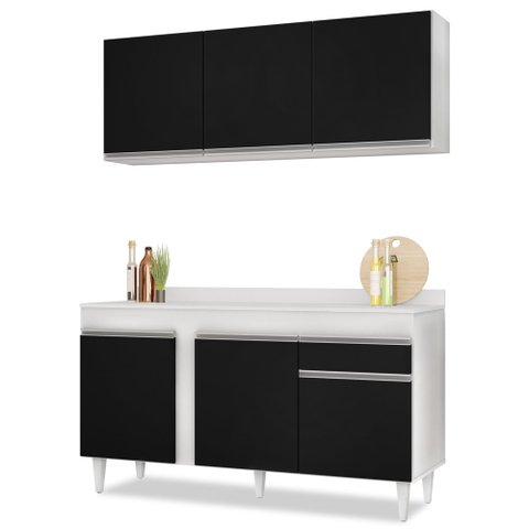 Armário Aéreo Argélia e Balcão Gabinete Para Pia com Tampo 150cm Dakota Branco/Preto- Lumil Lumil Mó