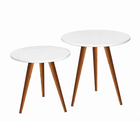 Conjunto Mesa Lateral Rubi Tampo Redondo Kit 2 Mesas Pés Palito para Sala de Estar Sofá - Branco