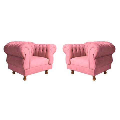 Kit 2 Poltronas Elisabeth Chesterfield Capitonê Suede Rosa / Decoração, TV, Sala estar, recepção