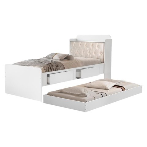 Bicama Solteiro Capitone 220x98 Cm com Bau e Cama Auxiliar Mdf Branco Bege Decmade