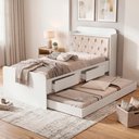 Ver imagem 2 de Bicama Solteiro Capitone 220x98 Cm com Bau e Cama Auxiliar Mdf Branco Bege Decmade