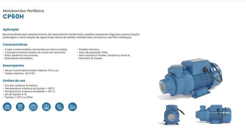 Bomba Claw Periférica Cp60h 1/2cv Monofásico 220v Azul 220 (m) - 2
