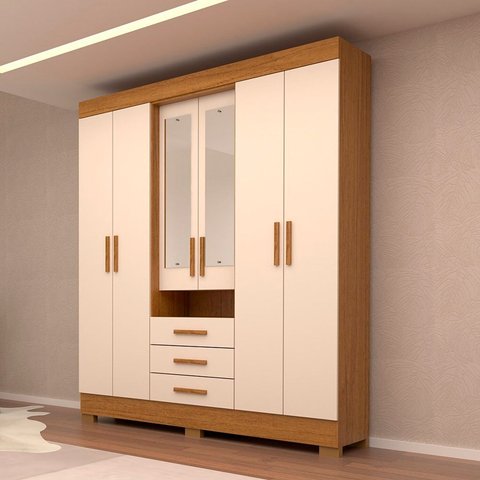 Guarda-Roupa Casal 6 Portas 3 Gavetas Capelinha com Espelho 100% MDF 179cm Nerina Espresso Móveis Off White/Cinamomo