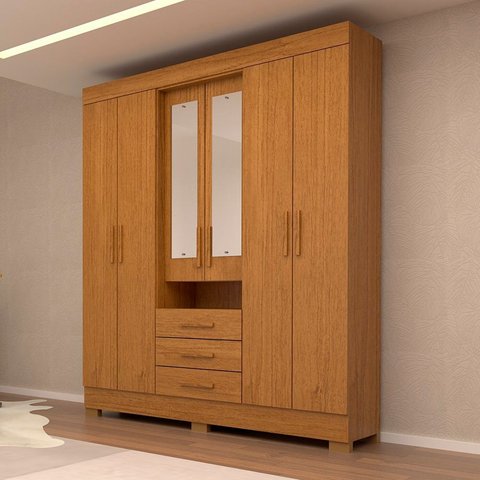 Guarda-Roupa Casal 6 Portas 3 Gavetas Capelinha com Espelho 100% MDF 179cm Nerina Espresso Móveis Marrom/Cinamomo