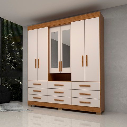 Guarda-Roupa Casal 6 Portas 9 Gavetas Capelinha com Espelho 100% MDF 179cm Nerina Espresso Móveis Off White/Cinamomo