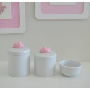 Kit Higiene Porcelana Bebê + Potes + Molhadeira - Nuvem Rosa