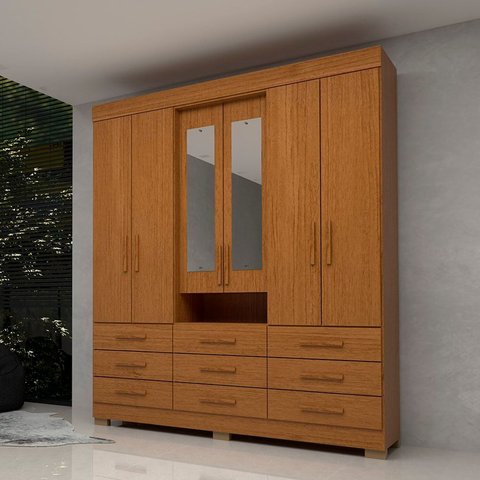 Guarda-Roupa Casal 6 Portas 9 Gavetas Capelinha com Espelho 100% MDF 179cm Nerina Espresso Móveis Marrom/Cinamomo