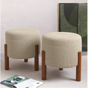 Kit Puf,Puff Sala Redondo Thor Cores Bege ou Cinza Pés Palitos Madeira Maciça Luxo - Bege