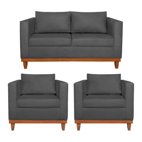 Kit Sofá 3 Lugares e 2 Poltronas Europa 180 cm Estilo Conforto e Elegância Linho Cinza Escuro