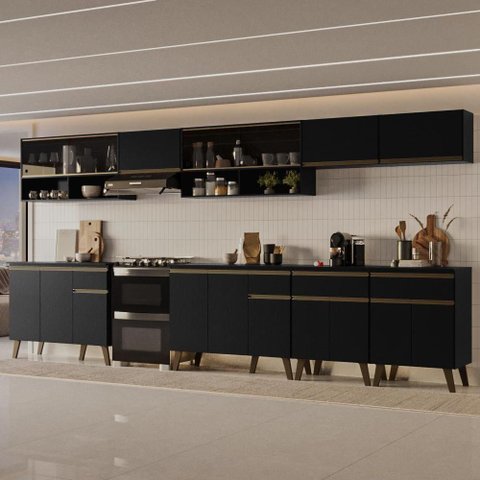 Cozinha Completa Atlanta 17 Portas 4 Gavetas MDF 390cm Preto Touch Carraro