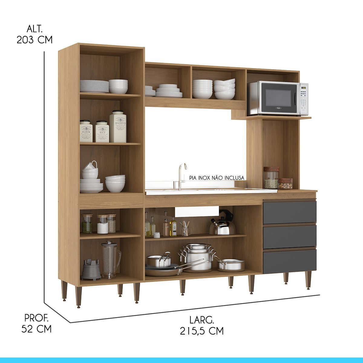 Cozinha Compacta com Bancada Ilha Balcão Armário MDP Carvalho 0318 MENU - 2